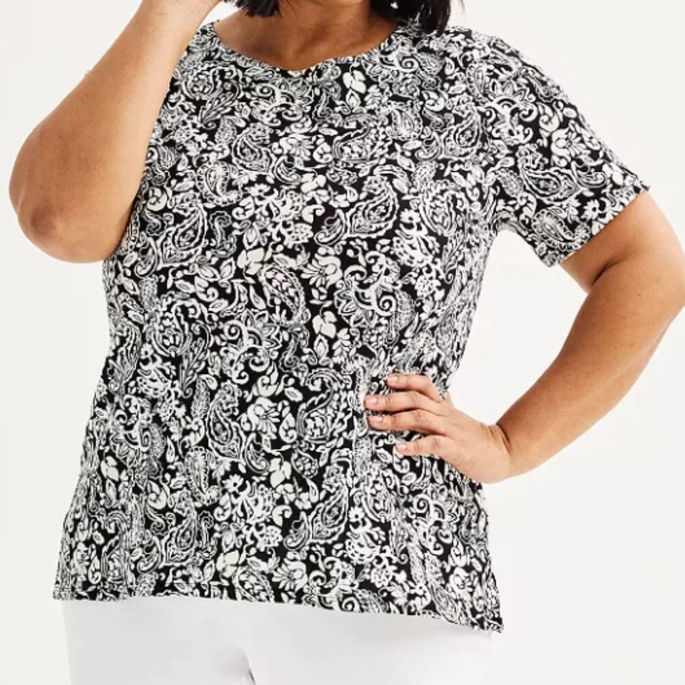 Croft & Barrow Essential Crewneck Tee Black Retro Paisley Plus Size 2X - Picture 1 of 1
